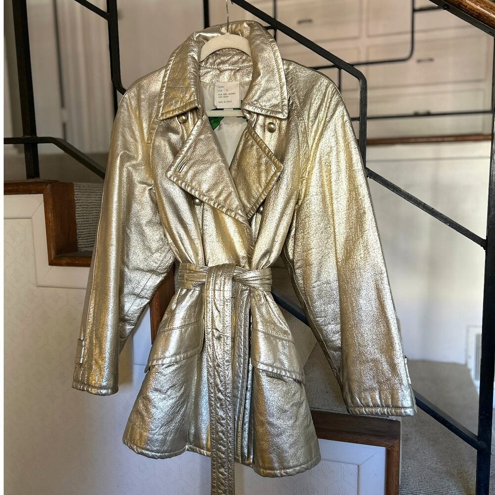 Rare Vintage Moschino Cheap & Chic AW88 Metallic Gold Leather Trench Coat Italy - Picture 11 of 11